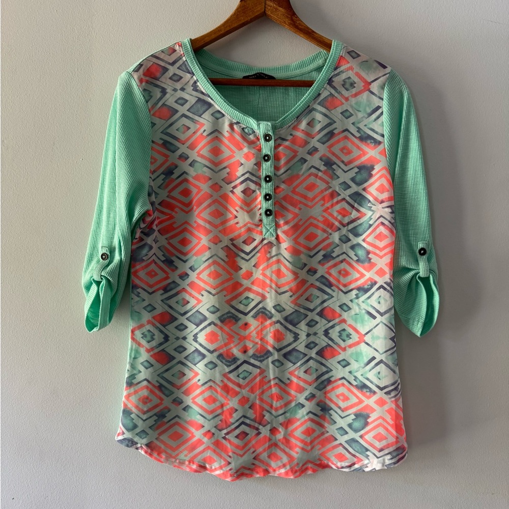 Bit &‎ Bridle Blouse, Shirt, Top, Sheer Aztec, Waffle Knit, NO SIZE TAG, casual